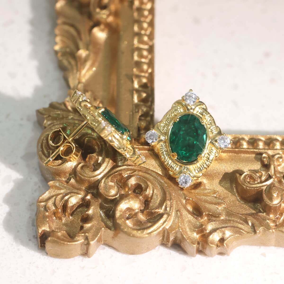 Italian Vintage Lab Created Emerald Stud Earrings for Women | 925 Sterling Silver Gold Plated