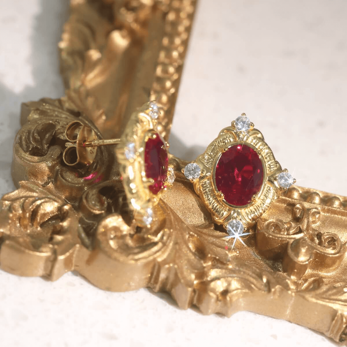 Italian Vintage Lab Ruby Stud Earrings in 925 Sterling Silver Gold Plated