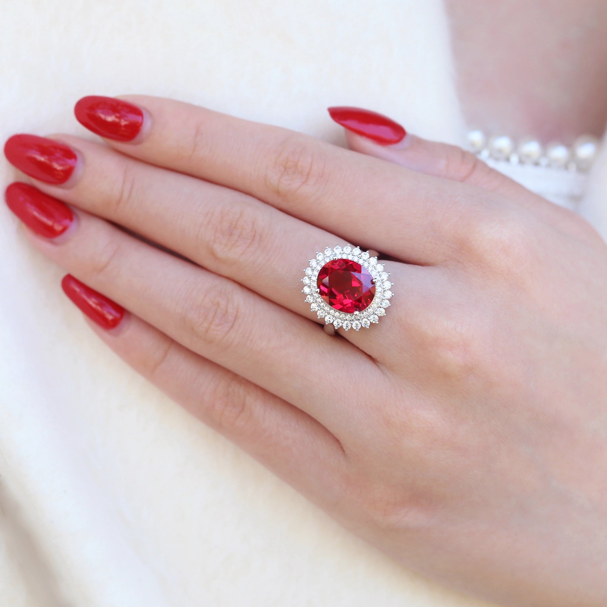Luxury Oval Lab Created Ruby Ring for Women 925 Sterling Silver Double Halo Vintage Inspired Statement Ring