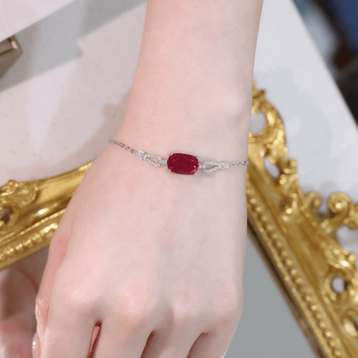 Cushion Cut Lab Created Ruby Bracelet with Micro Pave Accents | 925 Sterling Silver White Gold Plated