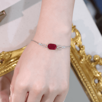 Cushion Cut Lab Created Ruby Bracelet with Micro Pave Accents | 925 Sterling Silver White Gold Plated