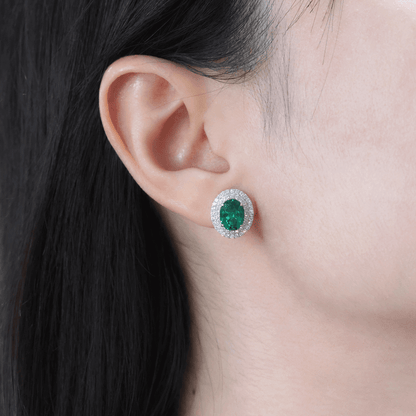 Created Emerald Double Row Halo Earrings for Women 925 Sterling Silver