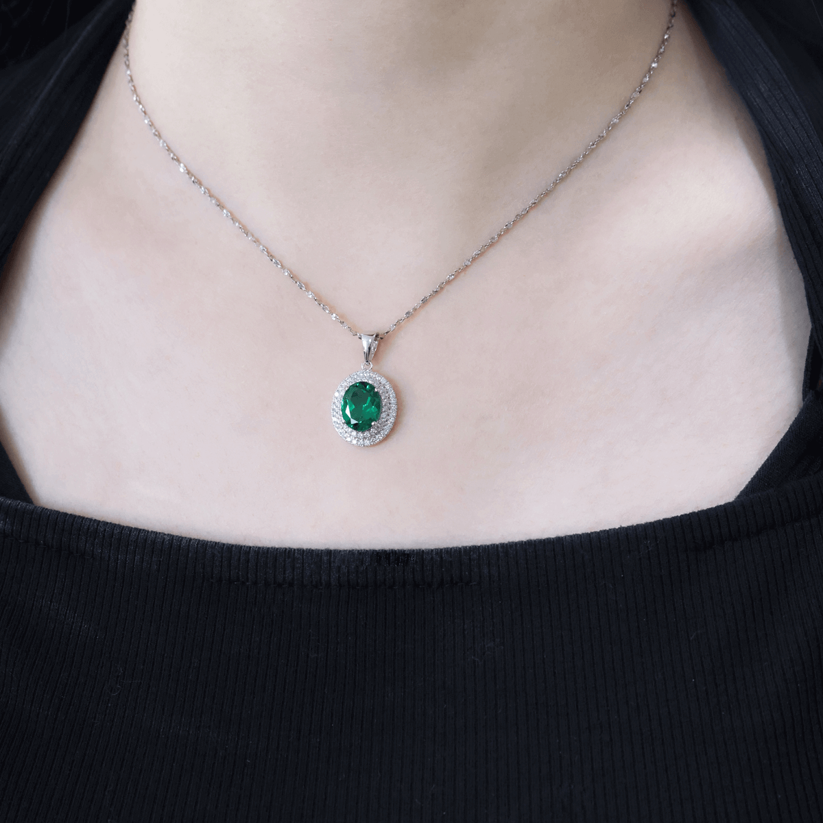 Created Emerald Double Row Halo Pendant for Women 925 Sterling Silver