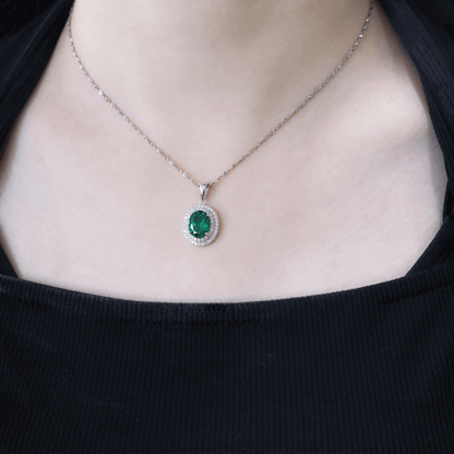 Created Emerald Double Row Halo Pendant for Women 925 Sterling Silver