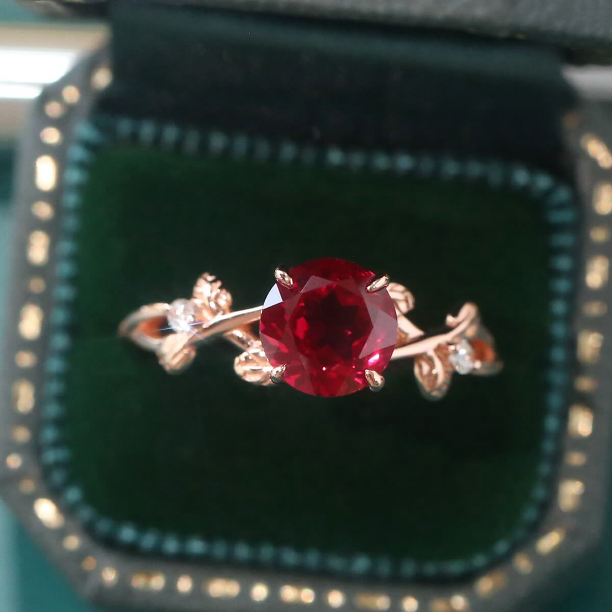 Rose Gold Vine Leaf Ruby Ring Lab Created Ruby 925 Silver Nature Inspired Leaf Ring for Women