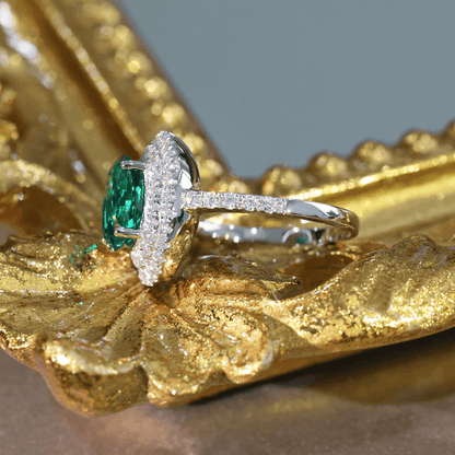 Created Emerald Double Row Halo Ring for Women 925 Sterling Silver