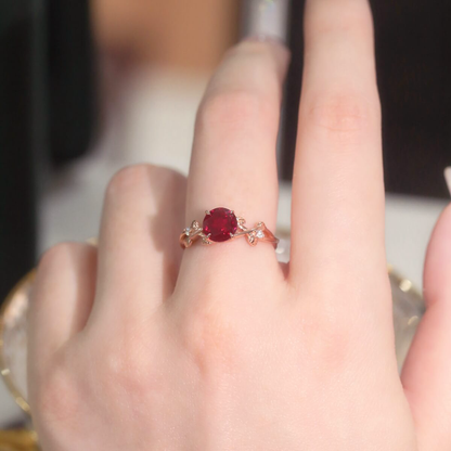 Rose Gold Vine Leaf Ruby Ring Lab Created Ruby 925 Silver Nature Inspired Leaf Ring for Women