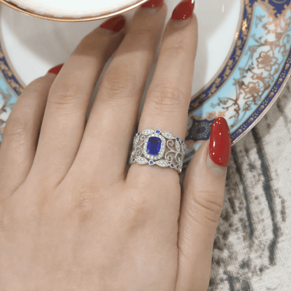 French Vintage Lace Created Blue Sapphire Ring 925 Sterling Silver