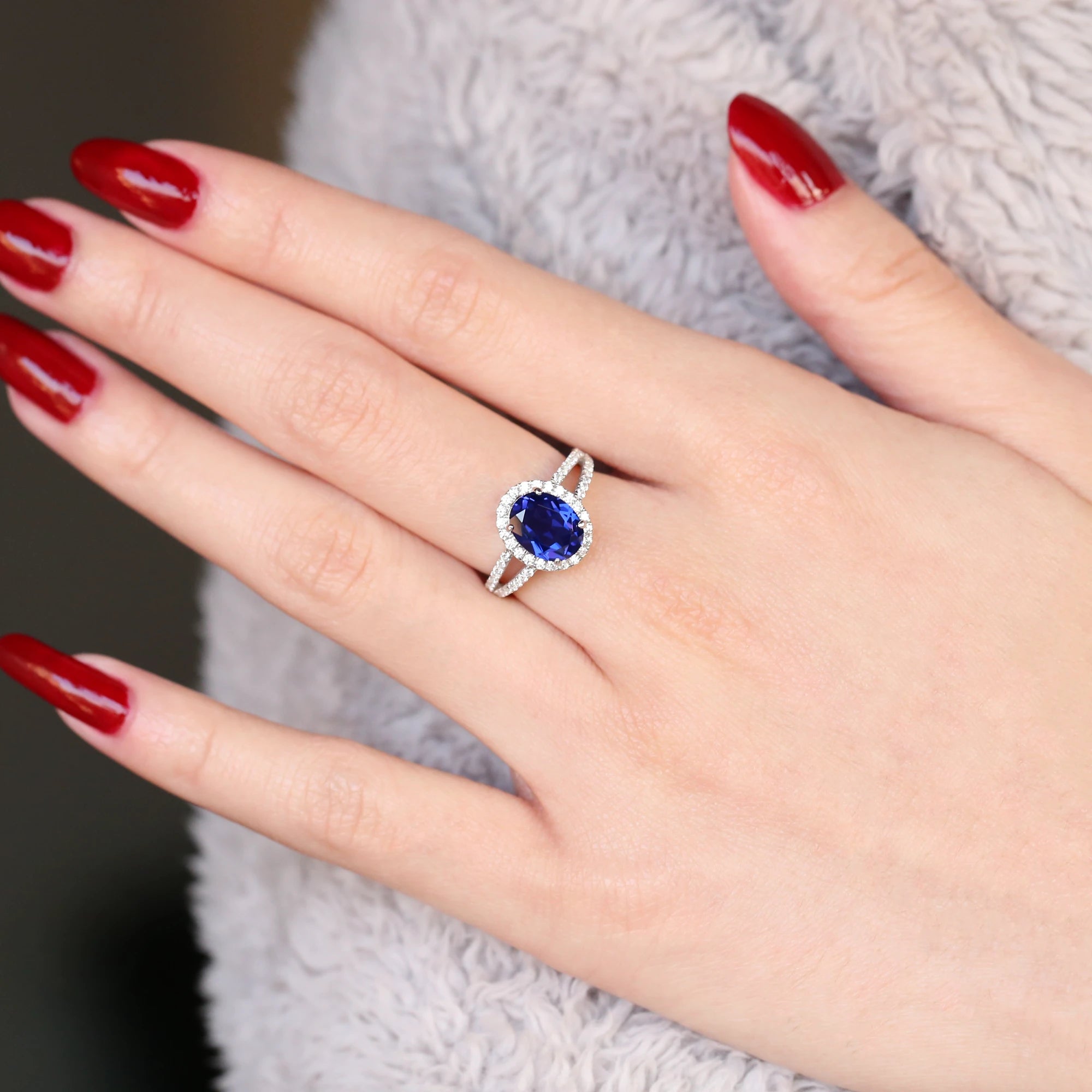 V Shaped Oval Created Sapphire Ring Slimming Sparkling Design