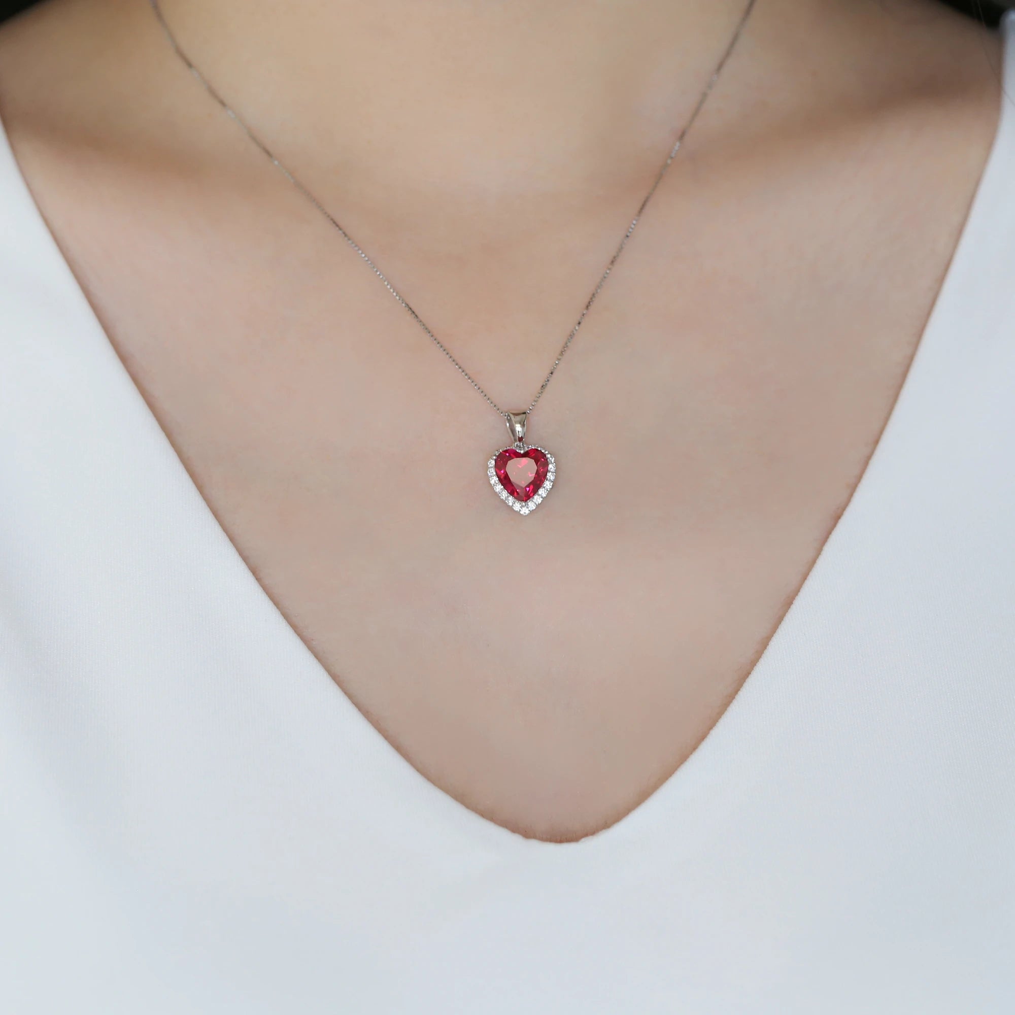 Heart Shaped Lab Created Ruby Halo Pendant Necklace | 925 Sterling Silver