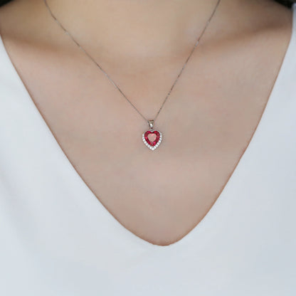 Heart Shaped Lab Created Ruby Halo Pendant Necklace | 925 Sterling Silver