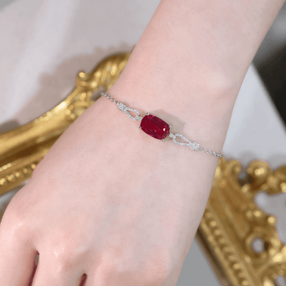 Cushion Cut Lab Created Ruby Bracelet with Micro Pave Accents | 925 Sterling Silver White Gold Plated