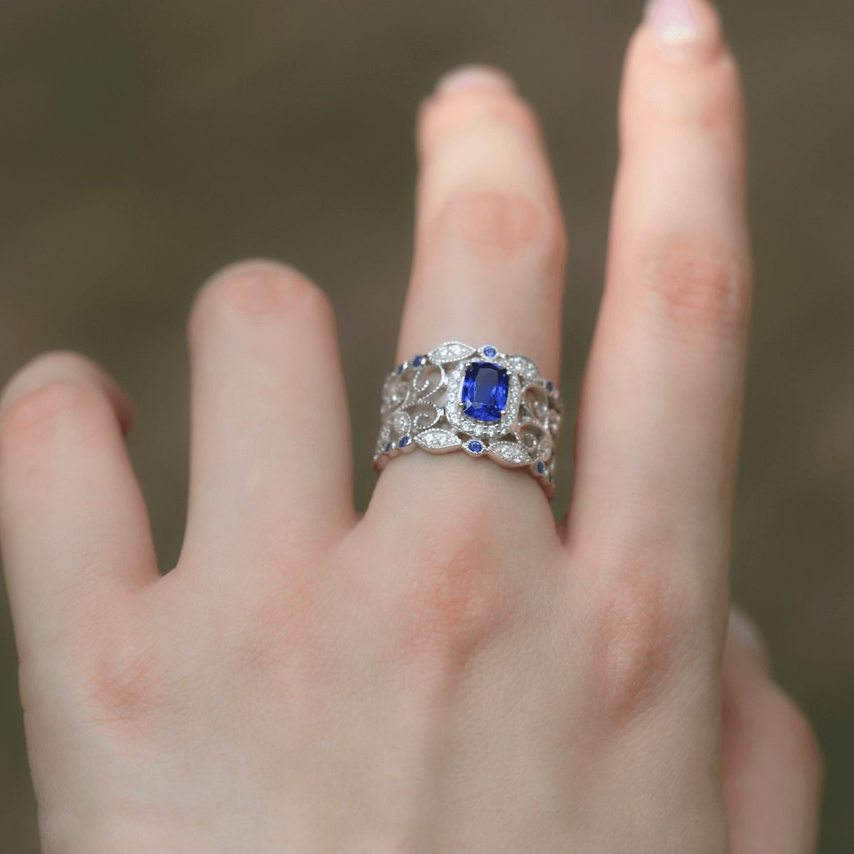 French Vintage Lace Created Blue Sapphire Ring 925 Sterling Silver