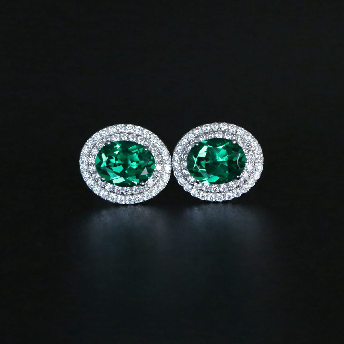 Created Emerald Double Row Halo Earrings for Women 925 Sterling Silver