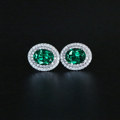 Created Emerald Double Row Halo Earrings for Women 925 Sterling Silver