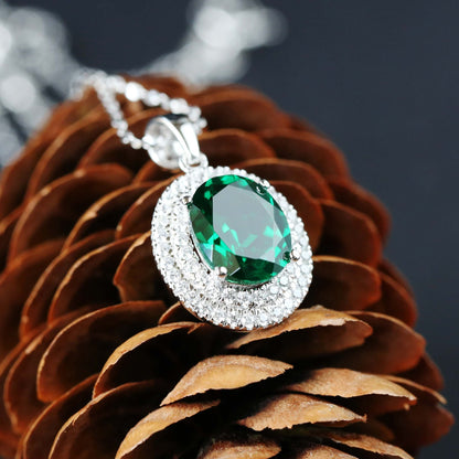 Created Emerald Double Row Halo Pendant for Women 925 Sterling Silver