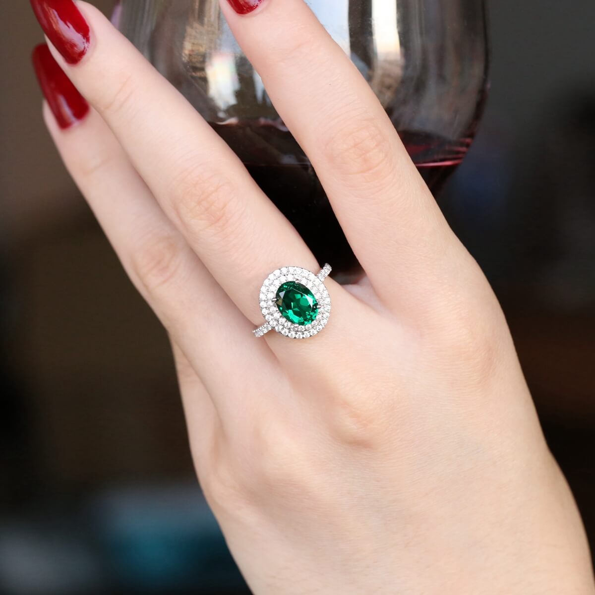 Created Emerald Double Row Halo Ring for Women 925 Sterling Silver