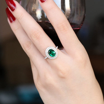 Created Emerald Double Row Halo Ring for Women 925 Sterling Silver