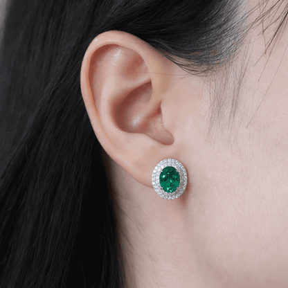 Created Emerald Double Row Halo Earrings for Women 925 Sterling Silver
