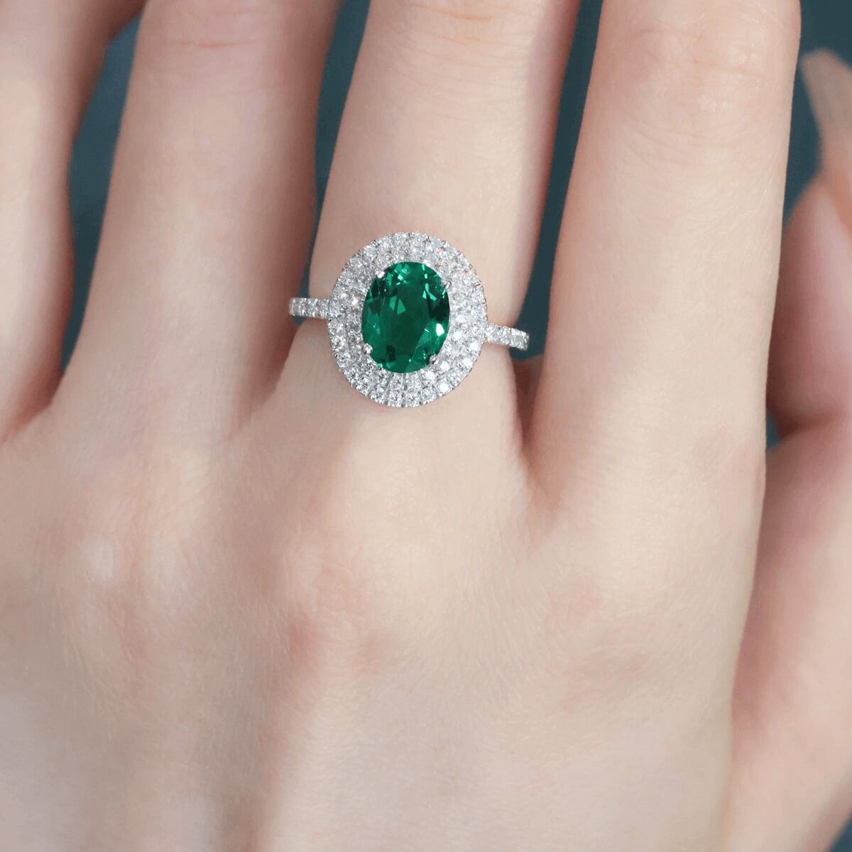 Created Emerald Double Row Halo Ring for Women 925 Sterling Silver