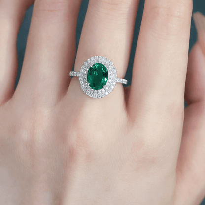 Created Emerald Double Row Halo Ring for Women 925 Sterling Silver