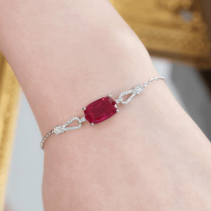 Cushion Cut Lab Created Ruby Bracelet with Micro Pave Accents | 925 Sterling Silver White Gold Plated
