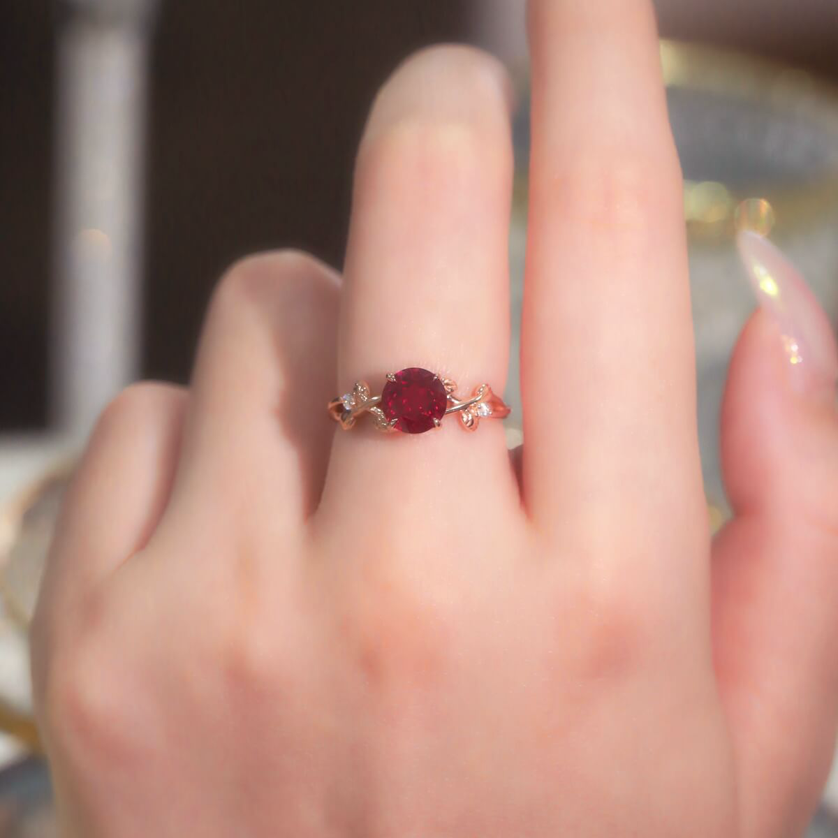 Rose Gold Vine Leaf Ruby Ring Lab Created Ruby 925 Silver Nature Inspired Leaf Ring for Women
