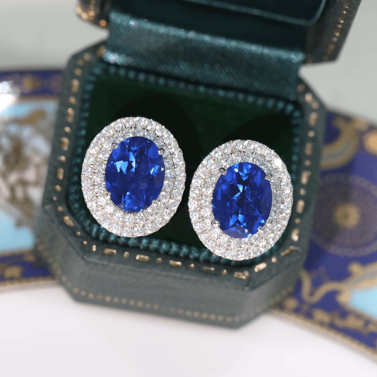 Created Sapphire Double Row Halo Earrings for Women 925 Sterling Silver