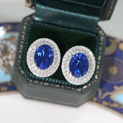 Created Sapphire Double Row Halo Earrings for Women 925 Sterling Silver