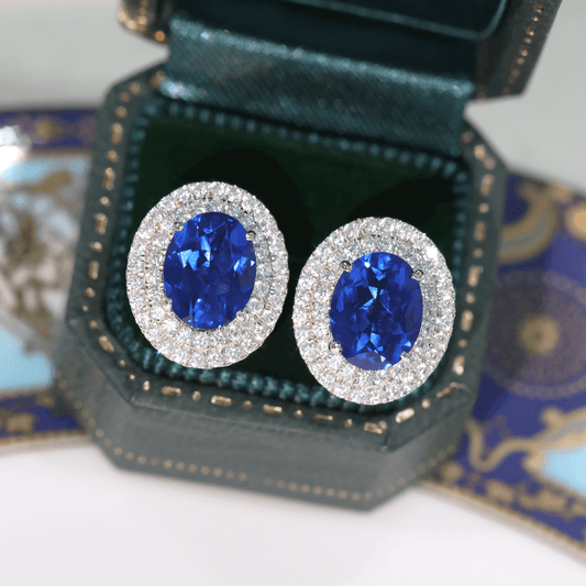 Created Sapphire Double Row Halo Earrings for Women 925 Sterling Silver