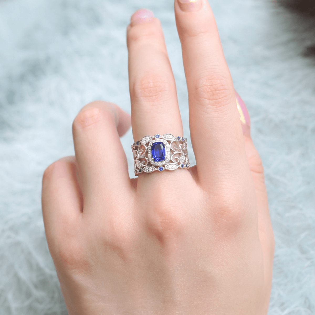 French Vintage Lace Created Blue Sapphire Ring 925 Sterling Silver