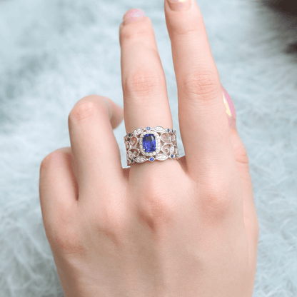 French Vintage Lace Created Blue Sapphire Ring 925 Sterling Silver