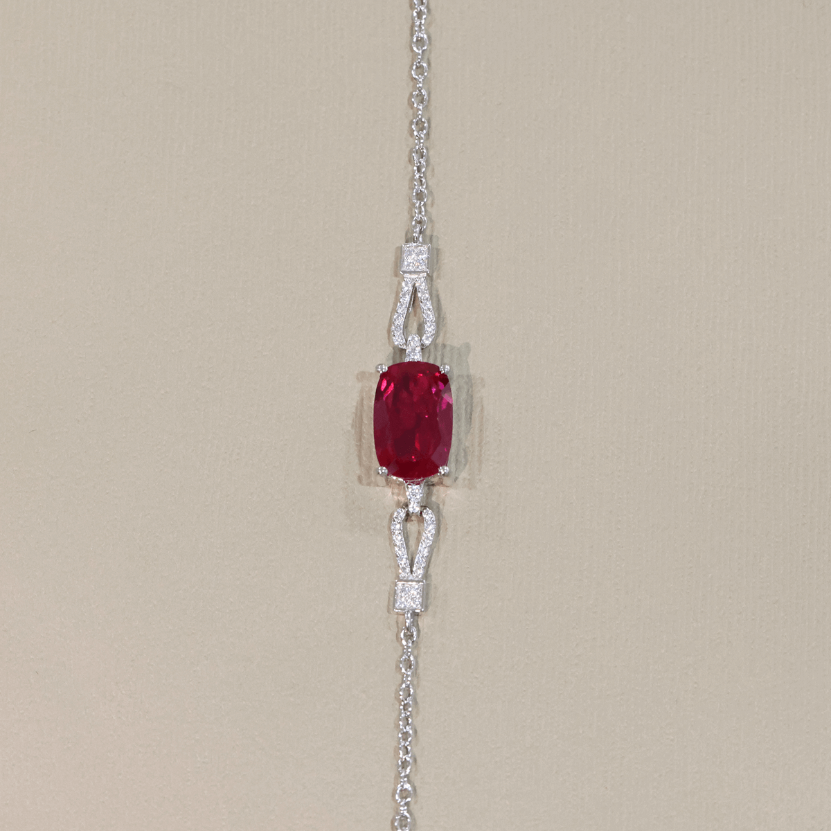 Cushion Cut Lab Created Ruby Bracelet with Micro Pave Accents | 925 Sterling Silver White Gold Plated