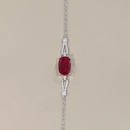 Cushion Cut Lab Created Ruby Bracelet with Micro Pave Accents | 925 Sterling Silver White Gold Plated