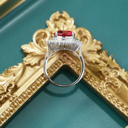 Luxury Oval Lab Created Ruby Ring for Women 925 Sterling Silver Double Halo Vintage Inspired Statement Ring
