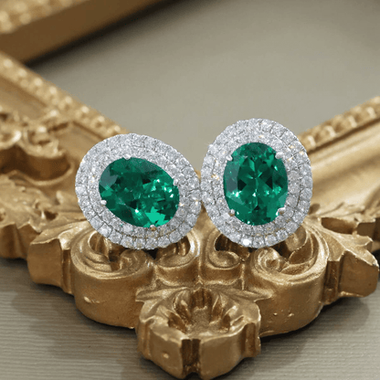Created Emerald Double Row Halo Earrings for Women 925 Sterling Silver