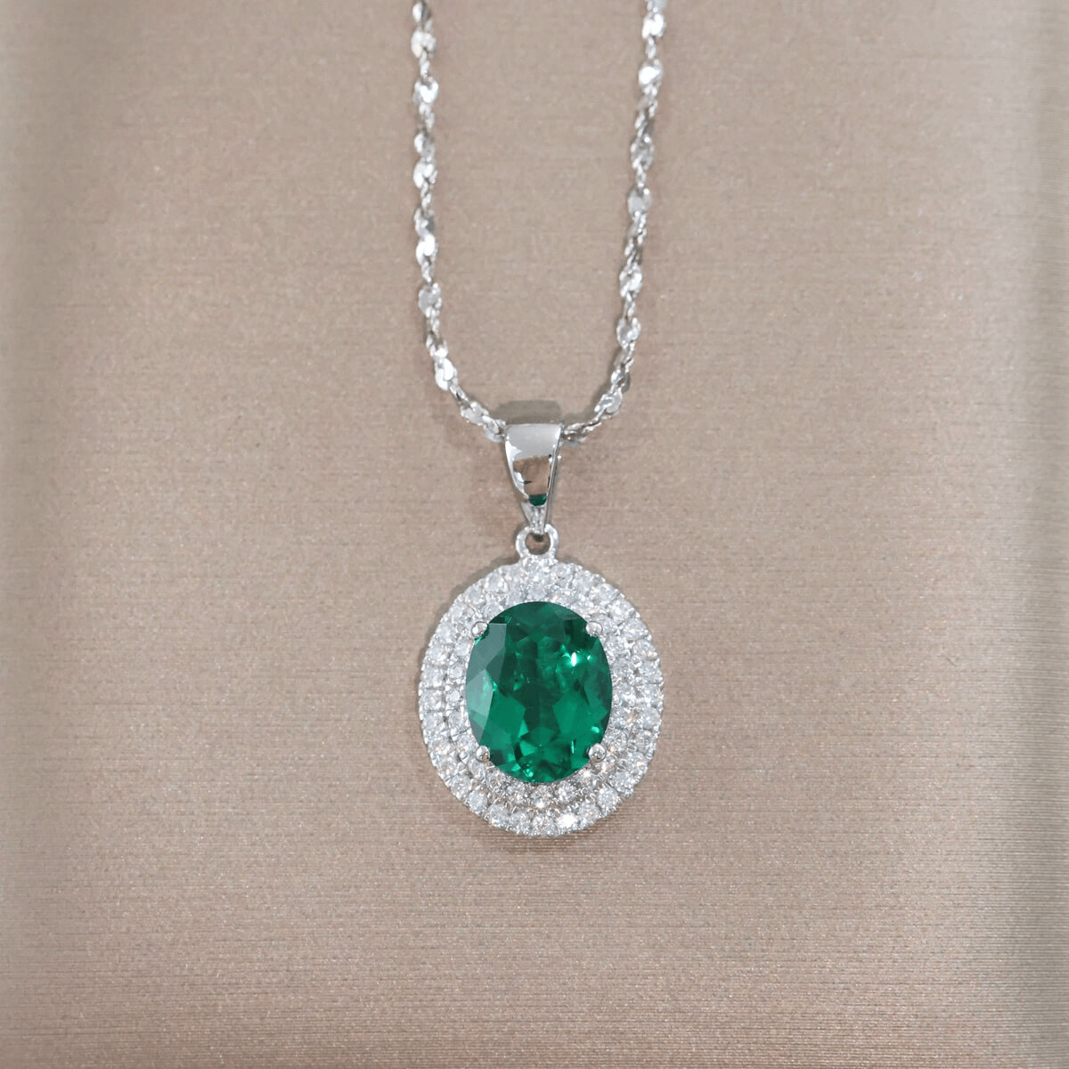 Created Emerald Double Row Halo Pendant for Women 925 Sterling Silver