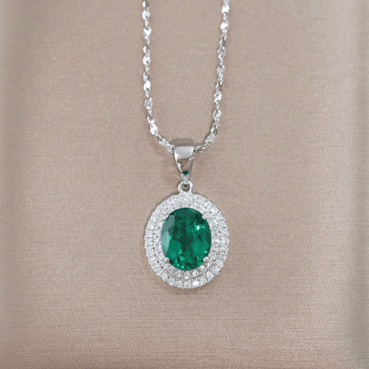 Created Emerald Double Row Halo Pendant for Women 925 Sterling Silver