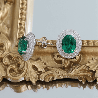 Created Emerald Double Row Halo Earrings for Women 925 Sterling Silver