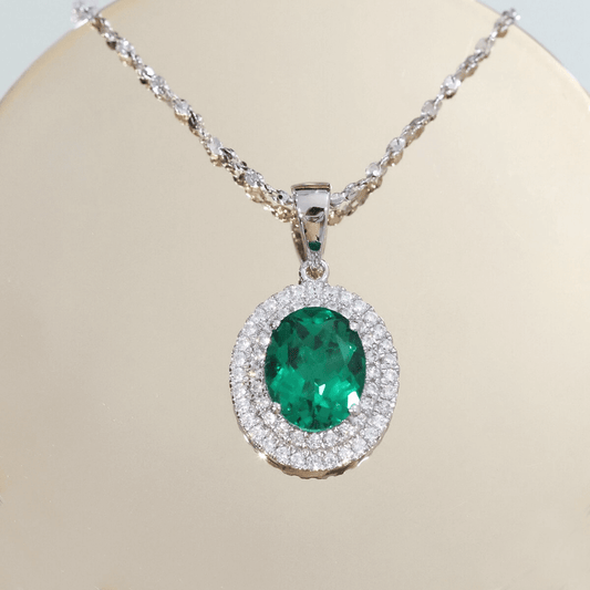 Created Emerald Double Row Halo Pendant for Women 925 Sterling Silver