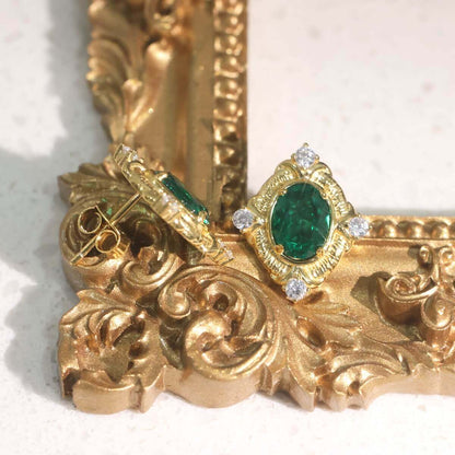 Italian Vintage Lab Created Emerald Stud Earrings for Women | 925 Sterling Silver Gold Plated