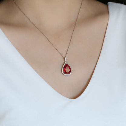Luxury Pear Cut Lab Ruby Halo Pendant Necklace in 925 Sterling Silver White Gold Plated