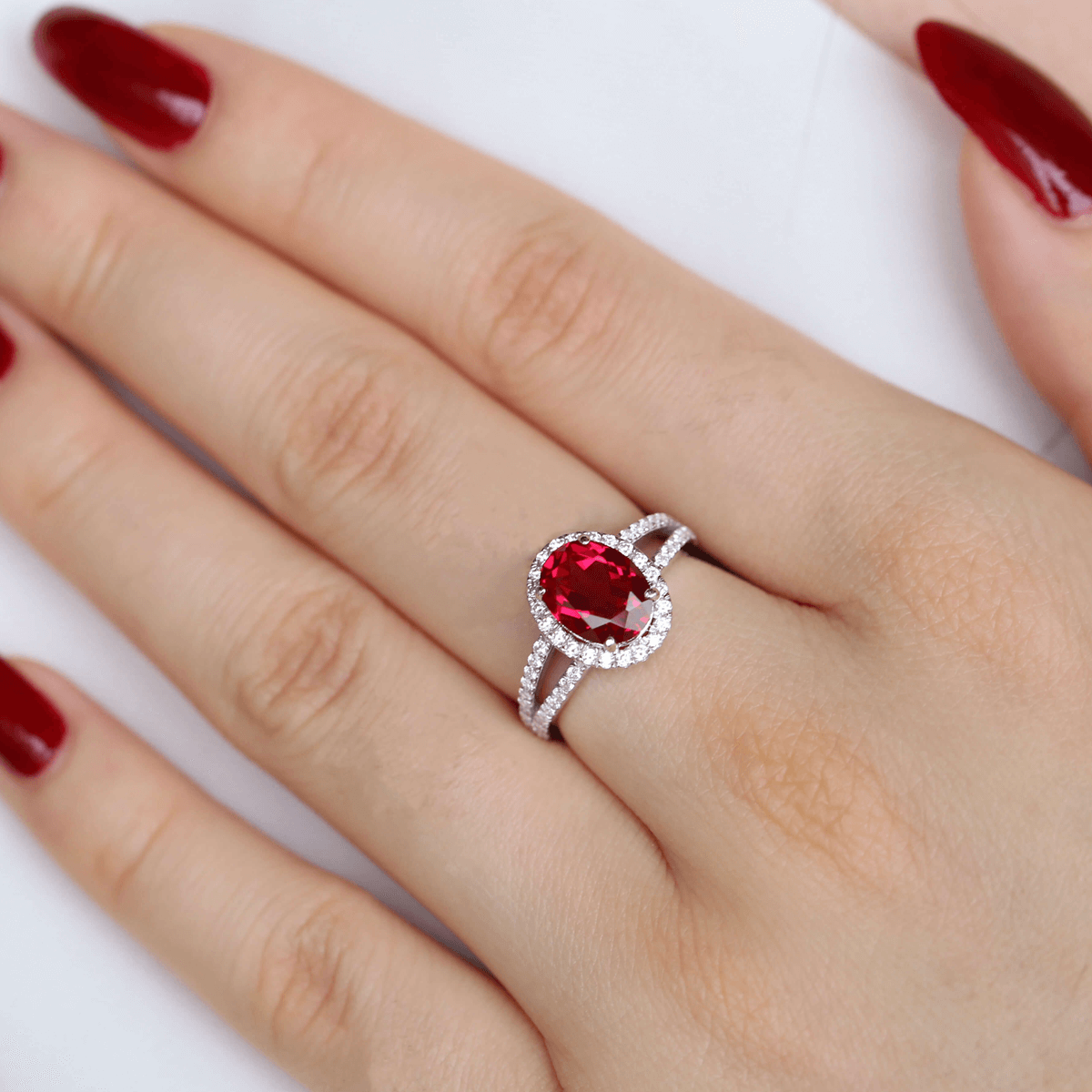 V Shaped Oval Lab Ruby Ring Slimming Sparkling Design