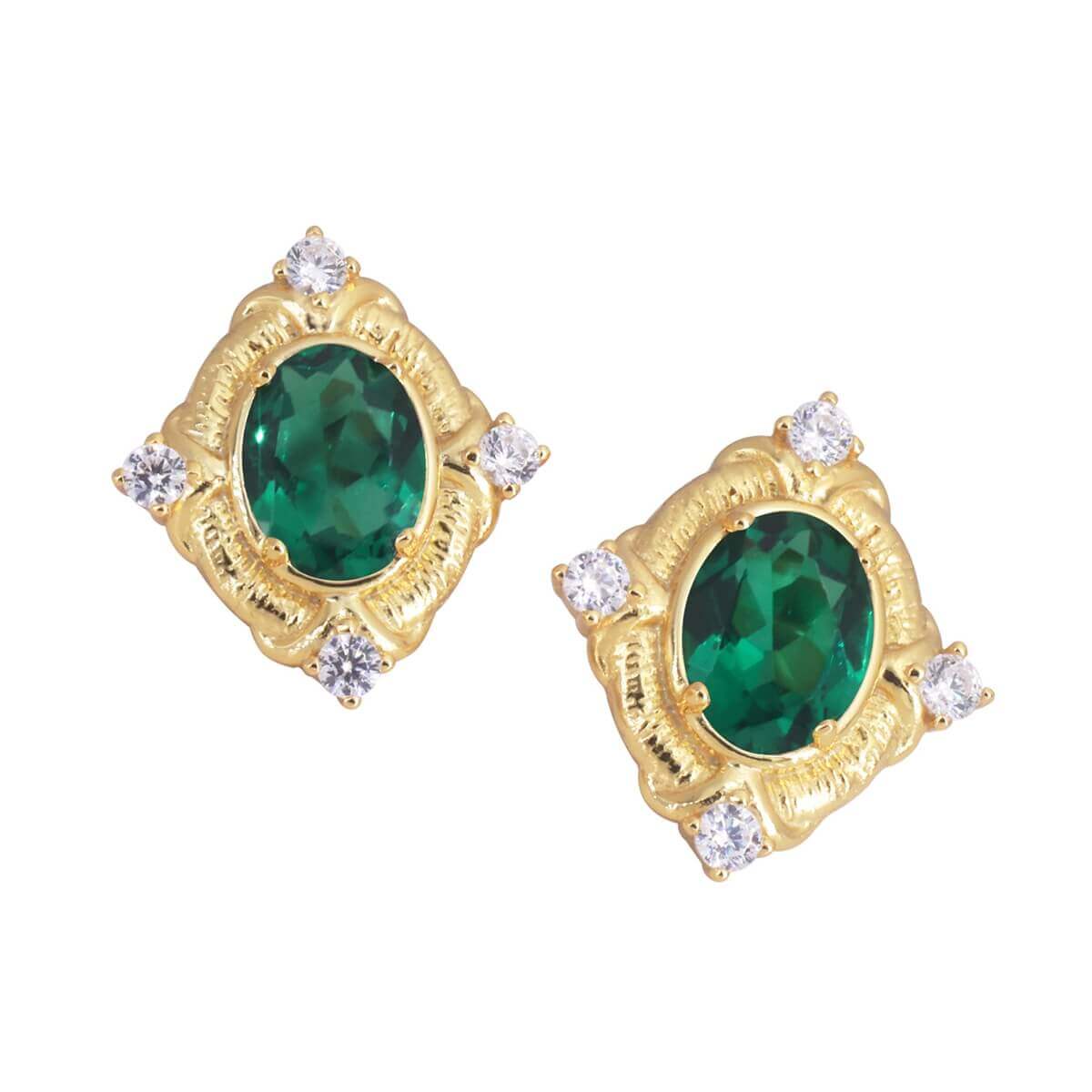 Italian Vintage Lab Created Emerald Stud Earrings for Women | 925 Sterling Silver Gold Plated