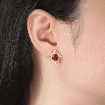 Italian Vintage Lab Ruby Stud Earrings in 925 Sterling Silver Gold Plated