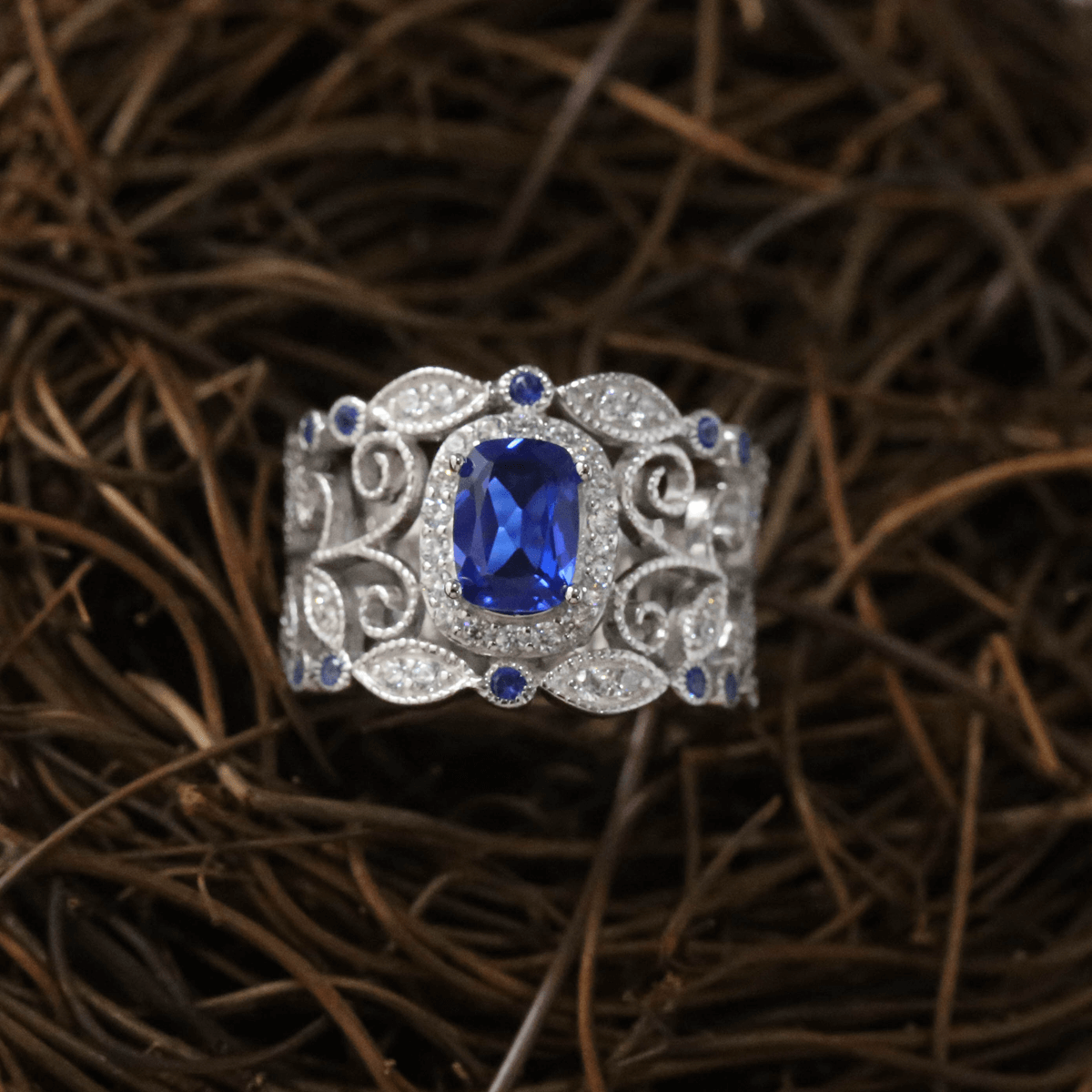 French Vintage Lace Created Blue Sapphire Ring 925 Sterling Silver