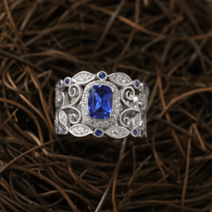French Vintage Lace Created Blue Sapphire Ring 925 Sterling Silver
