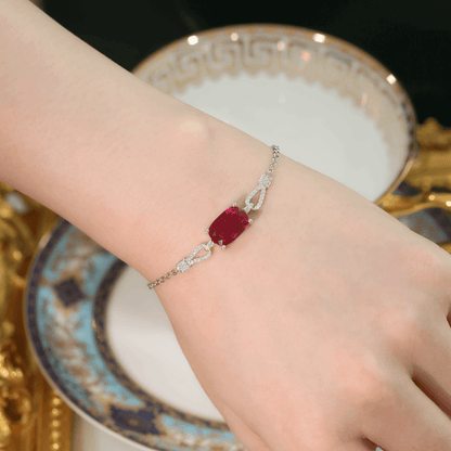 Cushion Cut Lab Created Ruby Bracelet with Micro Pave Accents | 925 Sterling Silver White Gold Plated