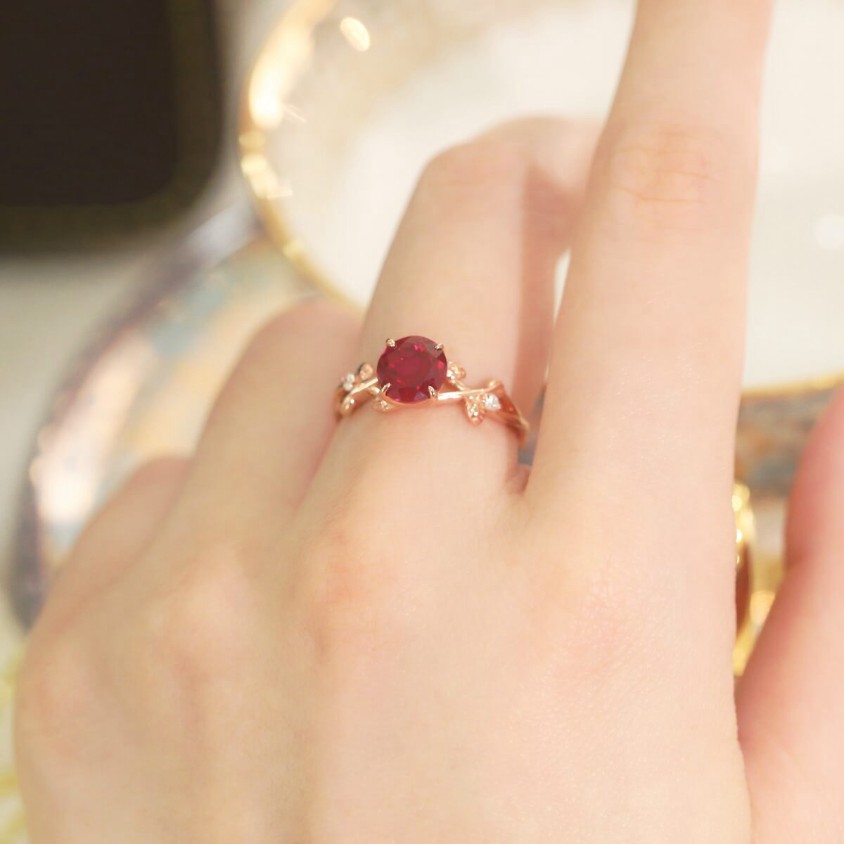 Rose Gold Vine Leaf Ruby Ring Lab Created Ruby 925 Silver Nature Inspired Leaf Ring for Women