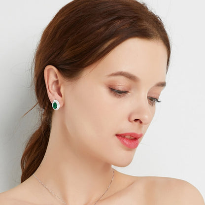 Created Emerald Double Row Halo Earrings for Women 925 Sterling Silver